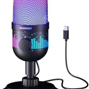 Aokeo ゲームマイク、PC Mac PS 4/5 USBパソコンポッドキャスト用キャパシタマイク、録音ストリーミングに適したYouTube、LEDライト付き
