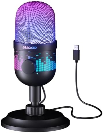 Aokeo ゲームマイク、PC Mac PS 4/5 USBパソコンポッドキャスト用キャパシタマイク、録音ストリーミングに適したYouTube、LEDライト付き