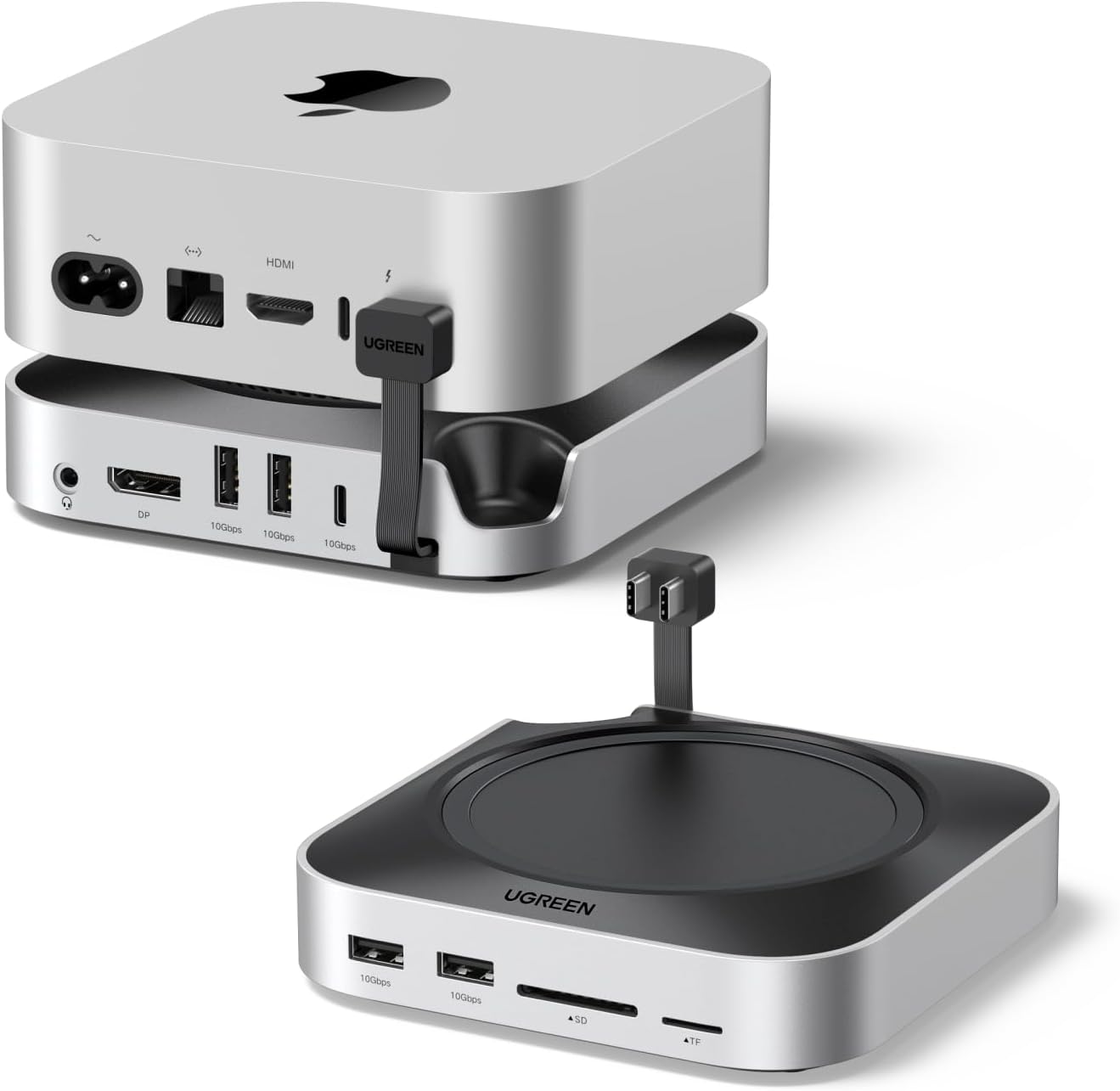 UGREEN Mac mini M4/M4 Pro 専用 USB-Cハブ & スタンド 10-in-1 ドッキングステーション 8K対応 10Gbps高速転送 M.2 NVMe SSDエンクロージャー DPポート USB A/C SD/TFカード オーディオ対応 シルバー - 画像 (9)
